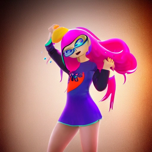 A beautiful adult female with long hair ，real body type，colourful dressed ，realism，Splatoon ，Unreal Engine, , 3D