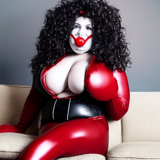 beautiful photorealistic render of a big and curvy grandma with loose curly hair and a black latex suit, wearing a black latex hood with a red ball, red lips, and white teeth on it. She is sitting on a couch with a black ball gag in her mouth wearing a collar. The background is a dark dungeon. HD, 8k resolution.