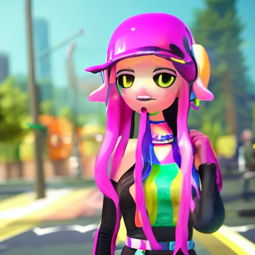 A beautiful adult female with long hair ，real body type，colourful dressed ，realism，clothes style like Splatoon，Unreal Engine,  3D