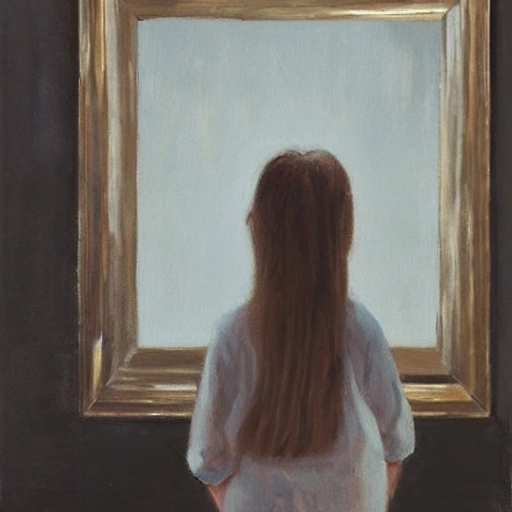 a girl,watching painting,white shirt,long hair,round face, Oil Painting