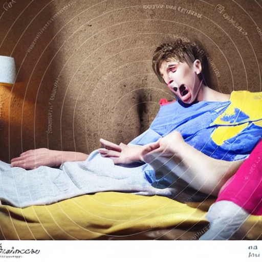 male teenager covered by blanket lying in the bed, His parents are in the room, father is yelling, mother is opening the window, street art  comic-book style, Cartoon