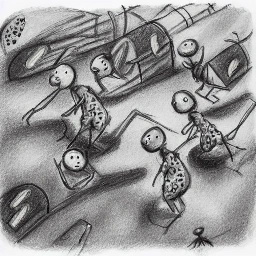 clown painting pie，Little ants line up to buy, Pencil Sketch