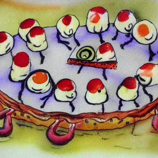 clown painting pie，Little ants line up to buy, -ar 1:3, Water Color