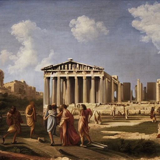 Renaissance, beige colored, dramatic sky, with Parthenon-like temples, philosophers walking and talking