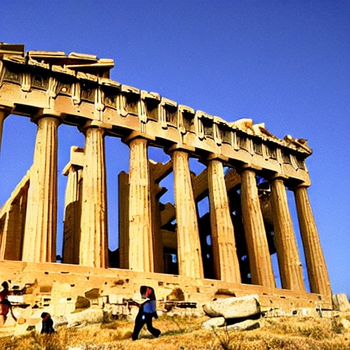 Renaissance, beige colored, dramatic sky, with Parthenon-like temples, philosophers walking and talking