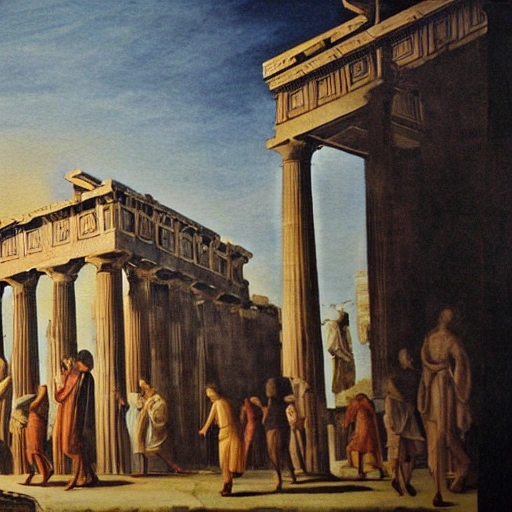 Renaissance, beige colored, dramatic sky, with Parthenon-like temples, philosophers walking and talking, Water Color