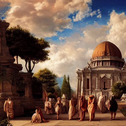 Renaissance, beige colored, dramatic sky, temples, philosophers walking and talking, painting, baroque, photoreallistic, 8k