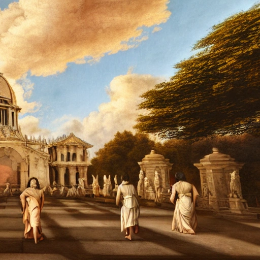 Renaissance, beige colored, dramatic sky, temples, philosophers walking and talking, painting, baroque, photoreallistic, 8k