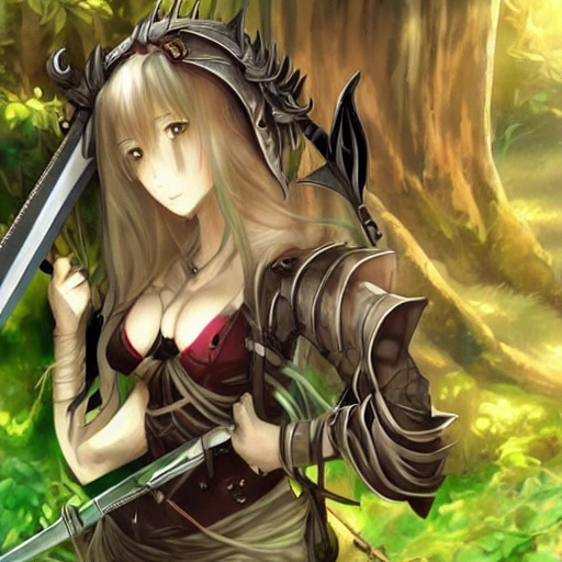 anime art, Viking girl, two swords, in a Dark jungle, very detailed, misterious, 