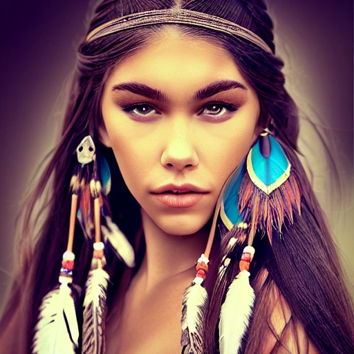 mdjrny-v4 style portrait photograph of Madison Beer as Pocahontas, young beautiful native american woman, perfect symmetrical face, feather jewelry, traditional handmade dress, armed female hunter warrior, (((wild west))) environment, Utah landscape, ultra realistic, concept art, elegant, ((intricate)), ((highly detailed)), depth of field, ((professionally color graded)), 8k, art by artgerm and greg rutkowski and alphonse mucha