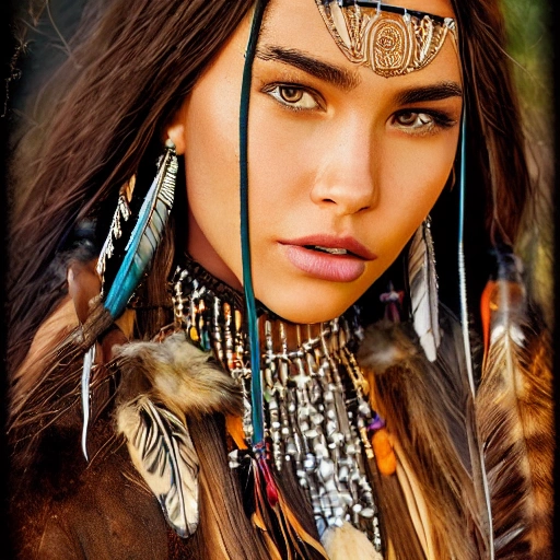 mdjrny-v4 style portrait photograph of Madison Beer as Pocahontas, young beautiful native american woman, perfect symmetrical face, feather jewelry, traditional handmade dress, armed female hunter warrior, (((wild west))) environment, Utah landscape, ultra realistic, concept art, elegant, ((intricate)), ((highly detailed)), depth of field, ((professionally color graded)), 8k, art by artgerm and greg rutkowski and alphonse mucha, Trippy, Trippy