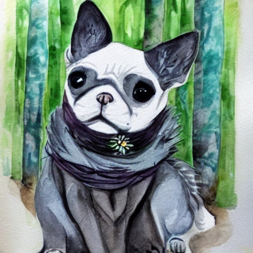 Magic forest, white chihuaha, grey cat, Black pug, Water Color