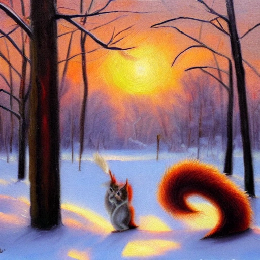 Snow, winter, landscape, squirrels, sundown , Oil Painting