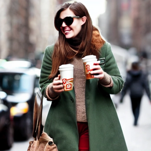 Woman, starbucks, coffee, coat, New York street,, 3D