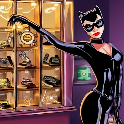 Catwoman, robbery at jewerly store at night, hiperrealistic