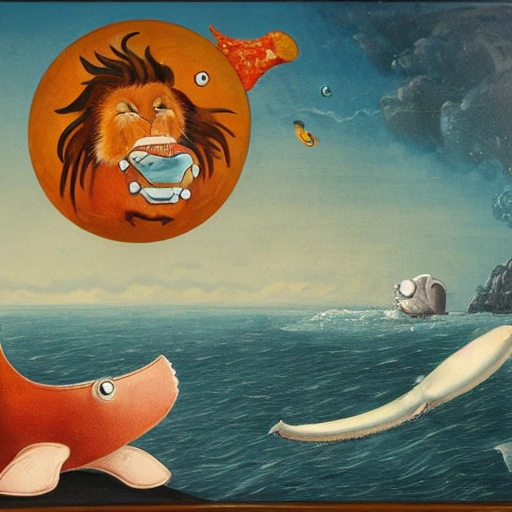 A sea landscape, where there is a mortal fight between the sun and the moon, there ir a robot lion who is eating a whale, while a pinguin is laughing at the situation, 3D