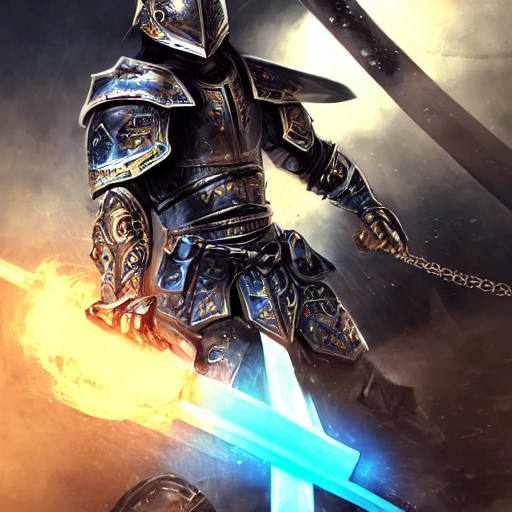 realistic looking Full body ,Warrior, Katana with blue magic flames, shiny looking light weight armor, Cape from his neck toward back, Armor helmet , Helmet with chains and steel, 8k resolution, highly intricate, concept art, award winning photograph, rim lighting, sharp focus, 8k resolution wallpaper, smooth, denoise