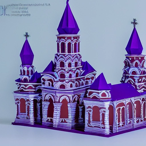Russia church made from paper, artwork, paper building, origami, studio light, soft light background blue purple, 4k, high detailed