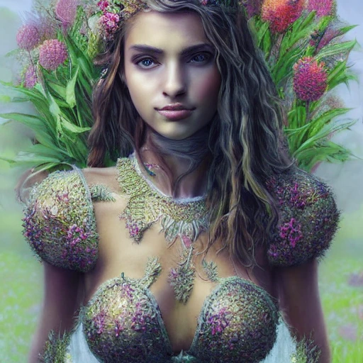 hyperrealistic full length portrait of gorgeous goddess | standing in field full of flowers | detailed gorgeous face!! | full body!! | skimpy armor | god rays | intricate | elegant | realistic | hyperrealistic | cinematic | character design | concept art | highly detailed | illustration | digital art | digital painting | depth of field, Pencil Sketch