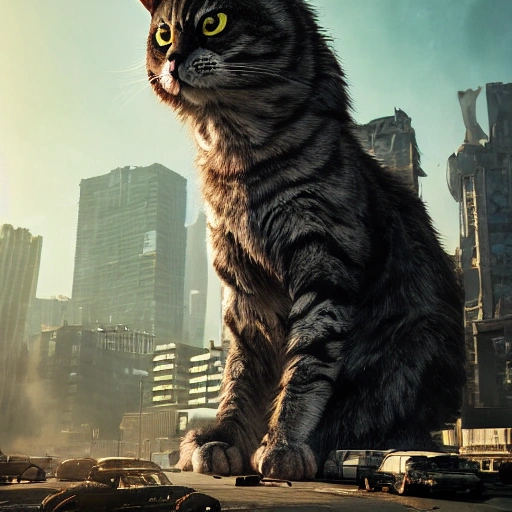 A Huge gigantic mutant cat that measures three meters high, in the middle of a street ravaged by the apocalypse sitting on top of some buildings, photorealistic, perfect details, perfect composition, beautiful detailed intricate insanely detailed octane render trending on artstation, action pose, 8 k artistic photography, photorealistic concept art, soft natural volumetric cinematic perfect light, chiaroscuro, award - winning photograph, masterpiece, oil on canvas, raphael, caravaggio, greg rutkowski, beeple, beksinski, giger, moody lighting, 8 k resolution, octane render, trending on artstation, by h. r. giger and greg rutkowski, haze, ultra-detailed, film photography, light leaks, Larry Bud Melman, trending on artstation, sharp focus, studio photo, intricate details, highly detailed, by greg rutkowski, Nikon D3100 | ISO 450 | focal length 50 mm (Sigma 50mm f1.5) | aperture f/4 | exposure time 1/250 Sec (DRI)
, Trippy