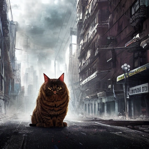 A Huge gigantic mutant cat that measures three meters high, in the middle of a street ravaged by the apocalypse sitting on top of some buildings, photorealistic, perfect details, perfect composition, beautiful detailed intricate insanely detailed octane render trending on artstation, action pose, 8 k artistic photography, photorealistic concept art, soft natural volumetric cinematic perfect light, chiaroscuro, award - winning photograph, masterpiece, oil on canvas, raphael, caravaggio, greg rutkowski, beeple, beksinski, giger, moody lighting, 8 k resolution, octane render, trending on artstation, by h. r. giger and greg rutkowski, haze, ultra-detailed, film photography, light leaks, Larry Bud Melman, trending on artstation, sharp focus, studio photo, intricate details, highly detailed, by greg rutkowski, Nikon D3100 | ISO 450 | focal length 50 mm (Sigma 50mm f1.5) | aperture f/4 | exposure time 1/250 Sec (DRI)
, Trippy