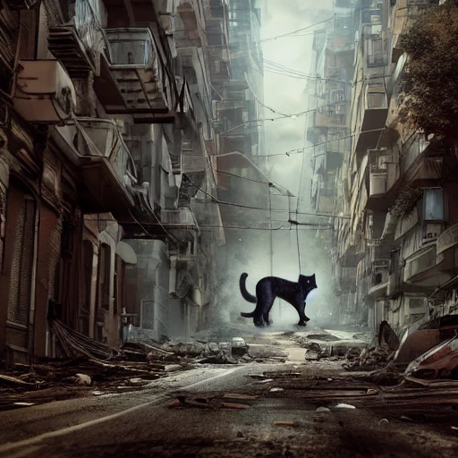 (((A Huge gigantic mutant cat that measures three meters high, in the middle of a street ravaged by the apocalypse sitting on top of some buildings))), photorealistic, perfect details, perfect composition, beautiful detailed intricate insanely detailed octane render trending on artstation, action pose, 8 k artistic photography, photorealistic concept art, soft natural volumetric cinematic perfect light, chiaroscuro, award - winning photograph, masterpiece, oil on canvas, raphael, caravaggio, greg rutkowski, beeple, beksinski, giger, moody lighting, 8 k resolution, octane render, trending on artstation, by h. r. giger and greg rutkowski, haze, ultra-detailed, film photography, light leaks, Larry Bud Melman, trending on artstation, sharp focus, studio photo, intricate details, highly detailed, by greg rutkowski, Nikon D3100 | ISO 450 | focal length 50 mm (Sigma 50mm f1.5) | aperture f/4 | exposure time 1/250 Sec (DRI)
, Trippy