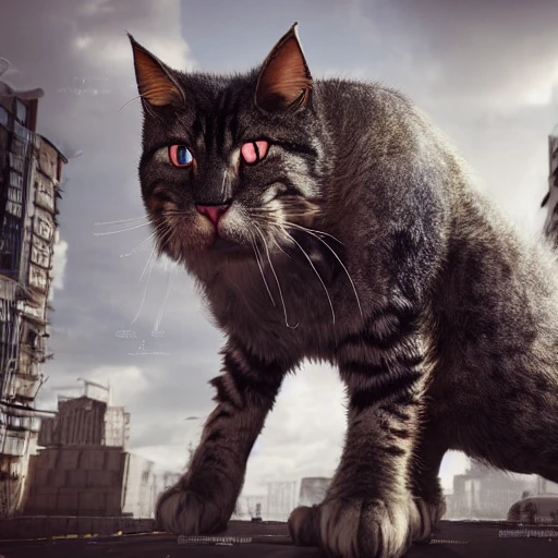(((A Huge gigantic mutant cat that measures three meters high, in the middle of a street ravaged by the apocalypse sitting on top of some buildings))), photorealistic, perfect details, perfect composition, beautiful detailed intricate insanely detailed octane render trending on artstation, action pose, 8 k artistic photography, photorealistic concept art, soft natural volumetric cinematic perfect light, chiaroscuro, award - winning photograph, masterpiece, oil on canvas, raphael, caravaggio, greg rutkowski, beeple, beksinski, giger, moody lighting, 8 k resolution, octane render, trending on artstation, by h. r. giger and greg rutkowski, haze, ultra-detailed, film photography, light leaks, Larry Bud Melman, trending on artstation, sharp focus, studio photo, intricate details, highly detailed, by greg rutkowski, Nikon D3100 | ISO 450 | focal length 50 mm (Sigma 50mm f1.5) | aperture f/4 | exposure time 1/250 Sec (DRI)
, Trippy
