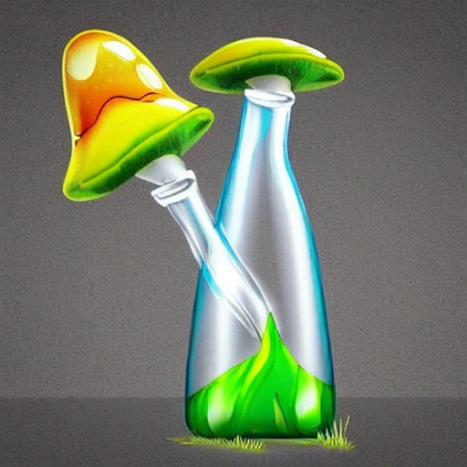 Create an image of a unique glass bottle that is shaped like a mushroom. The bottle should be filled with a bright and shimmering purple liquid, making it appear as if the mushroom is filled with the liquid. The bottle should have a clear glass texture and the mushroom should be detailed and realistic. Make sure to highlight the contrast between the mushroom's natural shape and the smooth, clear glass of the bottle, 3D