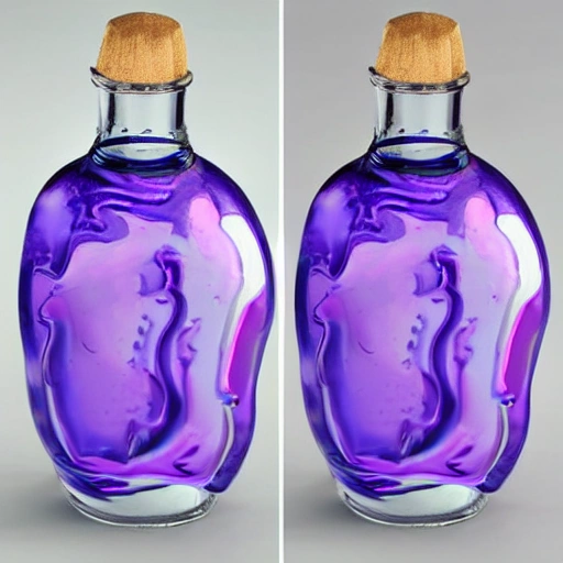 Create an image of a unique glass bottle that is shaped like a mushroom. The bottle should be filled with a bright and shimmering purple liquid, making it appear as if the mushroom is filled with the liquid. The bottle should have a clear glass texture and the mushroom should be detailed and realistic. Make sure to highlight the contrast between the mushroom's natural shape and the smooth, clear glass of the bottle