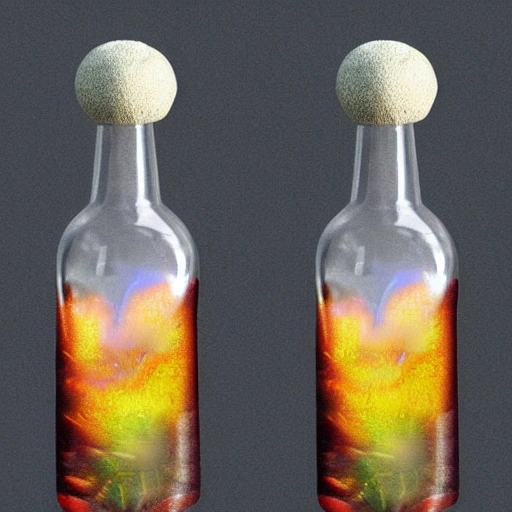 Create an image of a unique glass bottle that is shaped like a mushroom. The bottle should be filled with a bright and shimmering purple liquid, making it appear as if the mushroom is filled with the liquid. The bottle should have a clear glass texture and the mushroom should be detailed and realistic. Make sure to highlight the contrast between the mushroom's natural shape and the smooth, clear glass of the bottle, Unreal Engine, Trippy