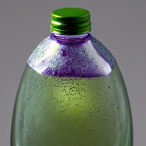 Create an image of a unique glass bottle that is shaped like a mushroom. The bottle should be filled with a bright and shimmering purple liquid, making it appear as if the mushroom is filled with the liquid. The bottle should have a clear glass texture and the mushroom should be detailed and realistic. Make sure to highlight the contrast between the mushroom's natural shape and the smooth, clear glass of the bottle, Unreal Engine, Cartoon