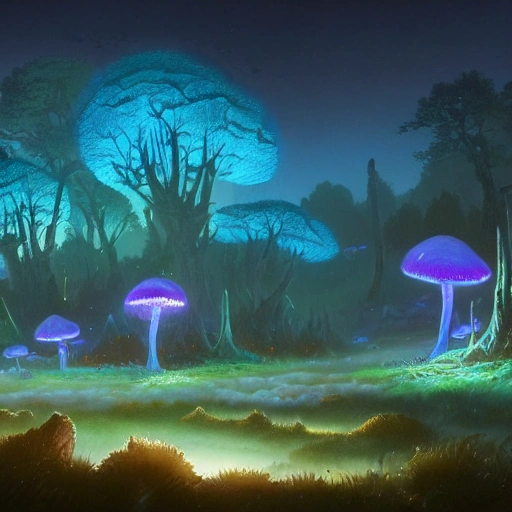 concept art painting of a fantasy alien fungal landscape at night, with glowing blue lights, glowing blue mushrooms, dark purple sky, realistic, detailed, cel shaded, in the style of makoto shinkai and greg rutkowski and albert bierstadt and james gurney 