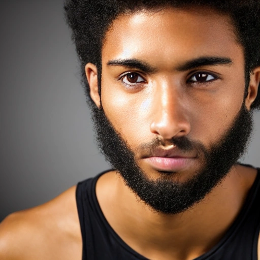 Foto profesional de calidad HD, iluminación frontal, muy detallada, de un hombre afrodescendientes joven de 21 años, negro. Mirando al espectador. 