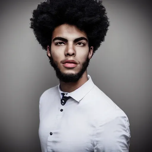 Foto profesional de calidad HD, iluminación brillante, muy detallada, de un hombre afrodescendientes de 21 años, negro. Rostro con proporciones griegas, cejas pobladas y definidas. Mirada vivaz. 