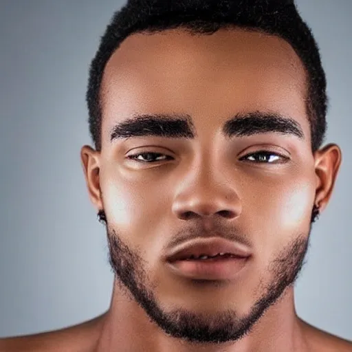 Foto profesional de calidad HD, iluminación brillante, muy detallada, de un hombre afrodescendientes de 21 años, negro. Rostro con proporciones orientales, cejas pobladas y definidas. 