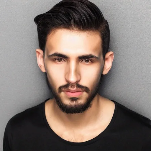 Foto profesional de calidad HD,  muy detallada, iluminación frontal, de un hombre de 21 años, negro. Nariz cincelada, pómulos marcados, mentón simétrico, cejas pobladas y definidas. Cabello corto estilo moderno. Mirando al espectador. 