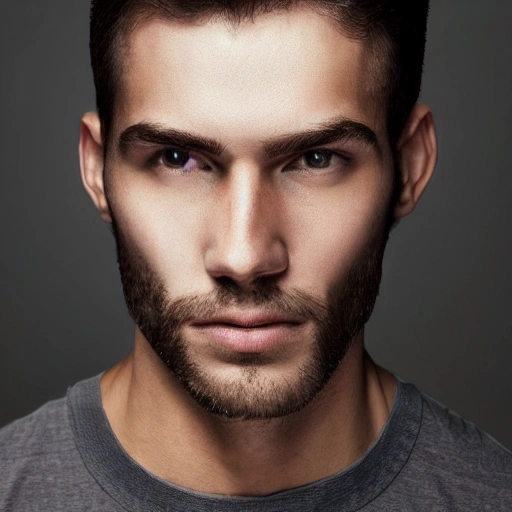 Foto profesional de calidad HD, de un hombre,  iluminación frontal y de alta calidad para resaltar las facciones del rostro y del cuerpo. calidad HD para capturar los detalles finos del rostro con facciones perfectas y simétricas. hacer que el cabello muy corto con un estilo urbano moderno. 