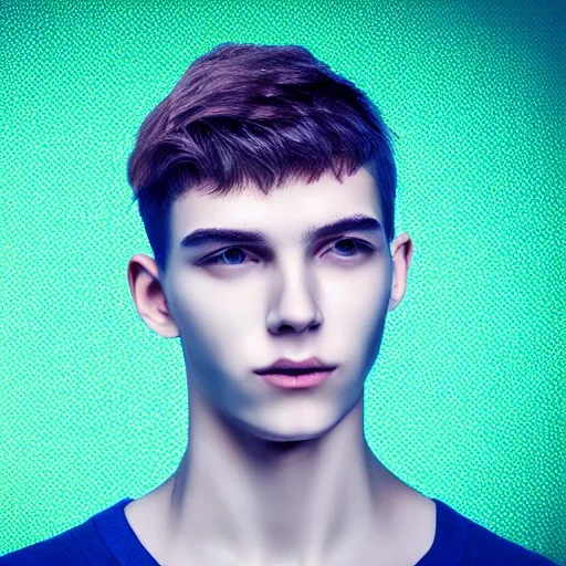 Professional HD quality photo of a man 20-year-old boy, front lighting and high quality to enhance facial features and smoothness. HD quality to capture fine details of the face with perfect and symmetrical features. Make the hair very short with a modern urban style. looking at the viewer. futuristic background, with blue and magenta lights. Athletic body. 