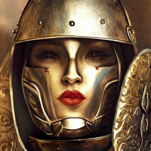 high detail fantasy portrait of a robust female knight wearing armour and face helmet, big lips