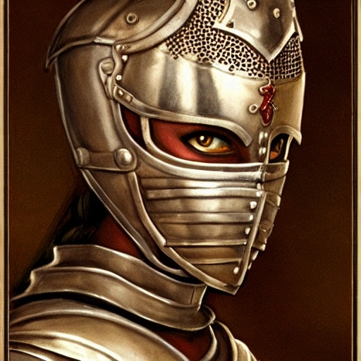 high detail fantasy portrait of a robust female knight wearing armour and face helmet, big lips