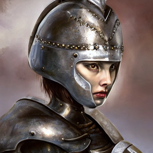 high detail fantasy portrait of a robust female knight wearing armour and face helmet, big lips