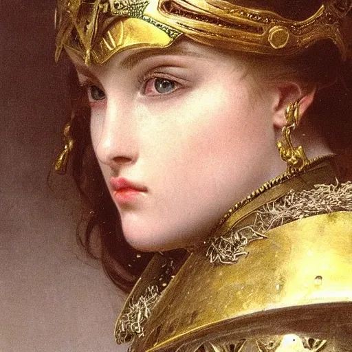 high detail fantasy portrait of a robust female knight wearing armour and face helmet, big lips by alexandre cabanel