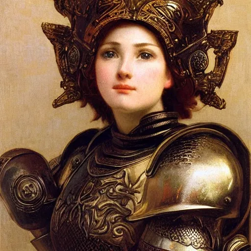 high detail fantasy portrait of a robust female knight wearing armour and face helmet, big lips by alexandre cabanel