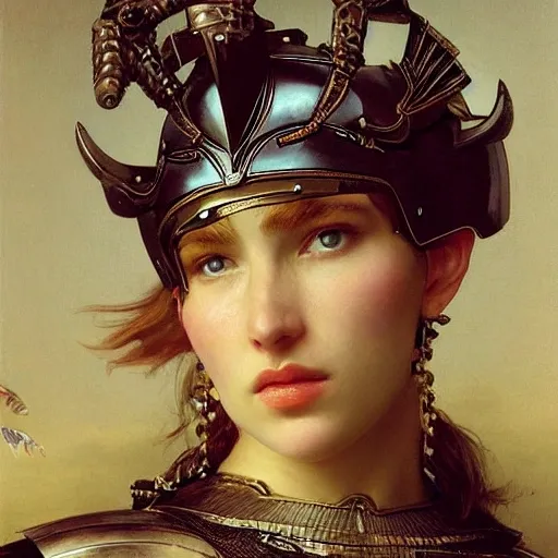 high detail fantasy portrait of a robust female knight wearing armour and face helmet, big lips by alexandre cabanel and Adam Oehlers