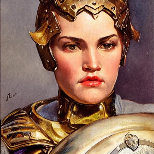 high detail fantasy portrait of a robust female knight wearing armour and face helmet, big lips by J.C.Leyendecker