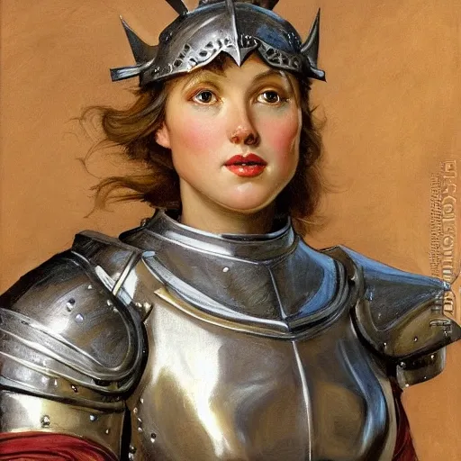 high detail fantasy portrait of a robust female knight wearing armour and face helmet, big lips by J.C.Leyendecker