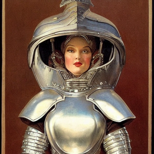 high detail fantasy portrait of a robust female knight wearing armour and face helmet, big lips by J.C.Leyendecker