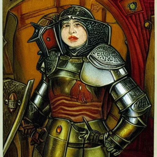 high detail fantasy portrait of a robust female knight wearing armour and face helmet, big lips by elsa beskow