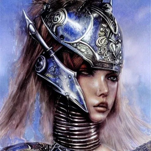 high detail fantasy portrait of a robust female knight wearing armour and face helmet, big lips by Luis Royo