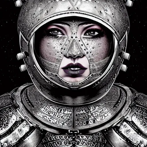 high detail fantasy portrait of a robust female knight wearing armour and face helmet, big lips by Dan Hillier